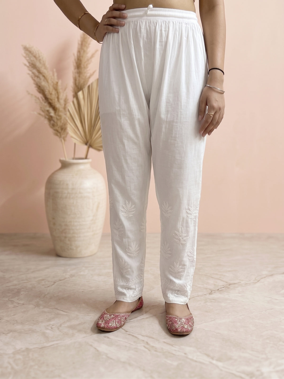 Rayon Chikankari Solid Women's Pant - White
