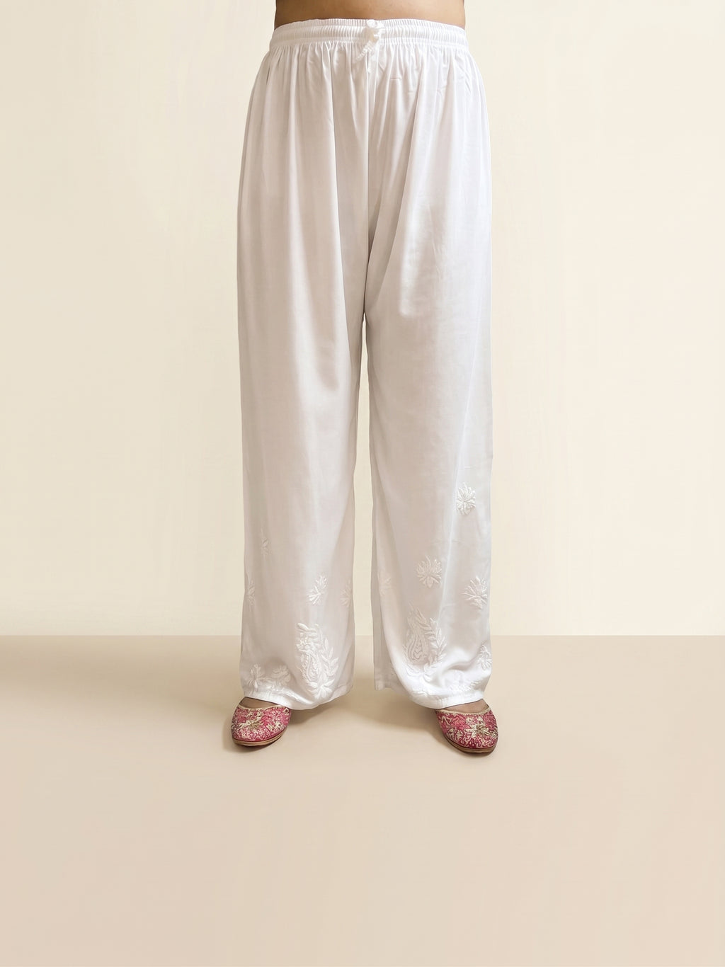 Rayon Chikankari Solid Women's Palazzo - White