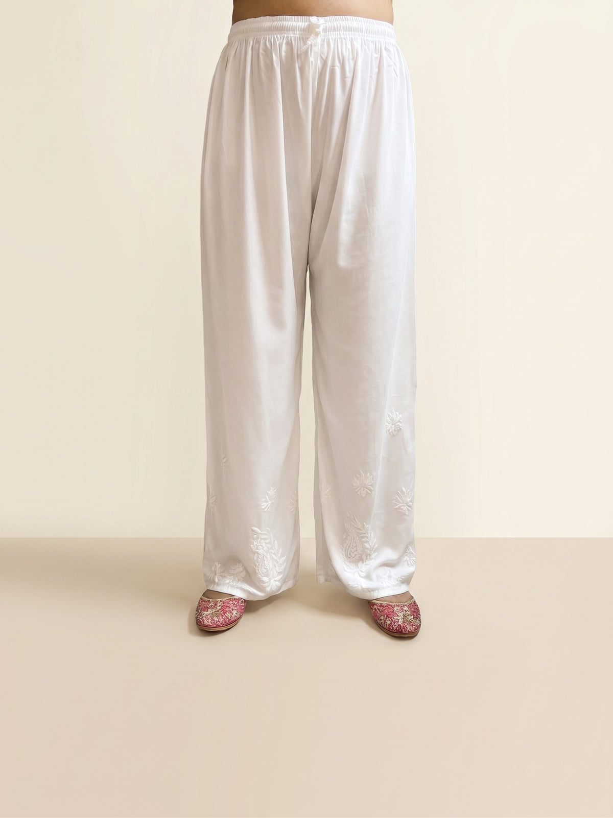 Rayon Chikankari Solid Women's Palazzo - White