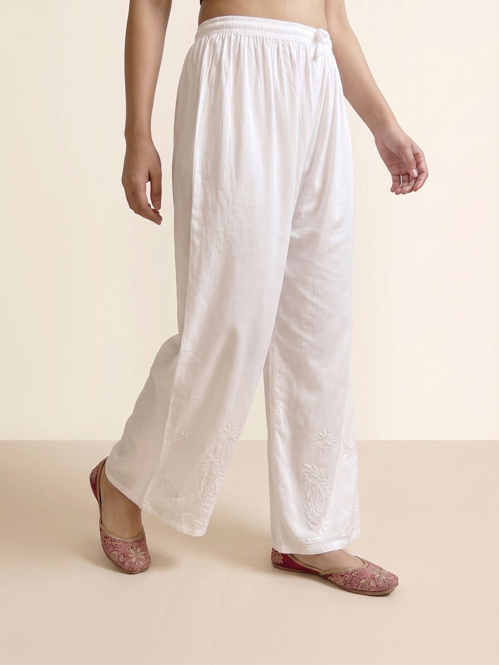 Rayon Chikankari Solid Women's Palazzo - White