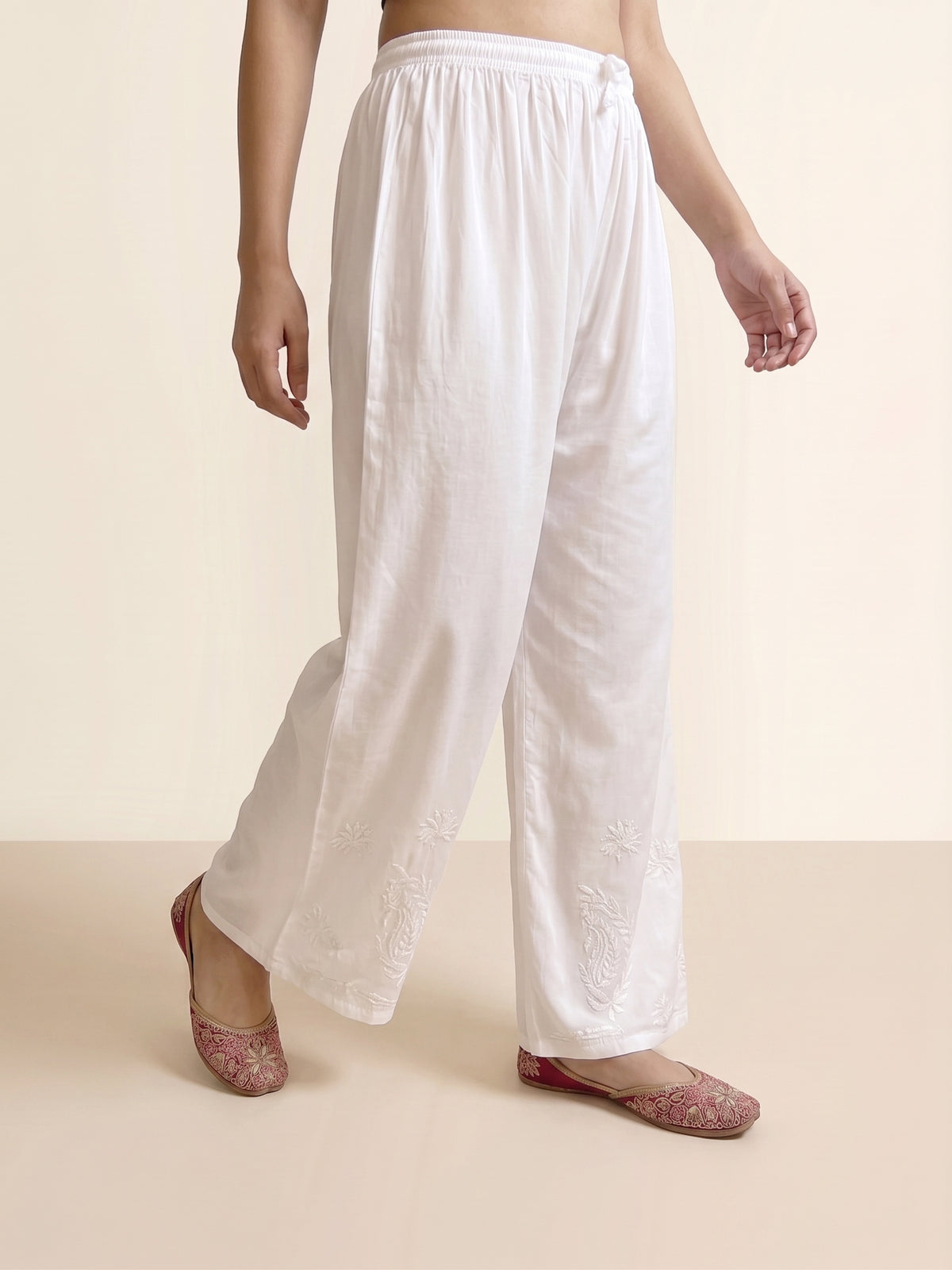 Rayon Chikankari Solid Women's Palazzo - White