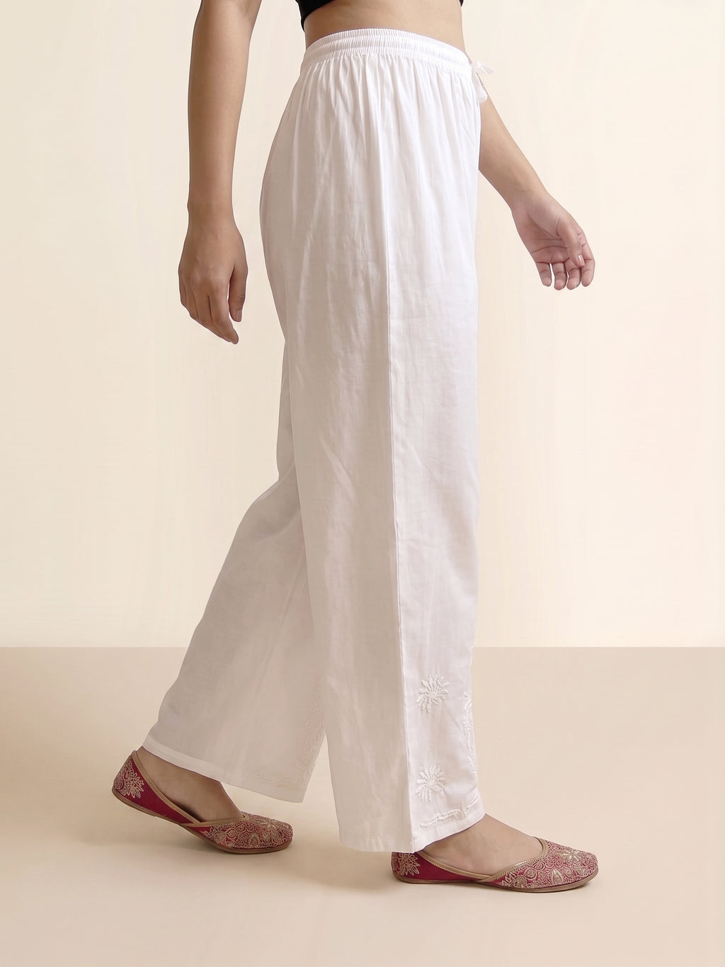 Rayon Chikankari Solid Women's Palazzo - White