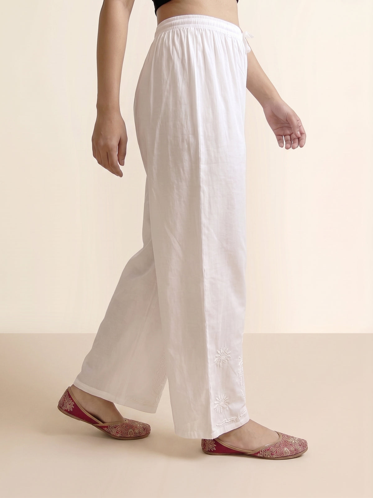 Rayon Chikankari Solid Women's Palazzo - White