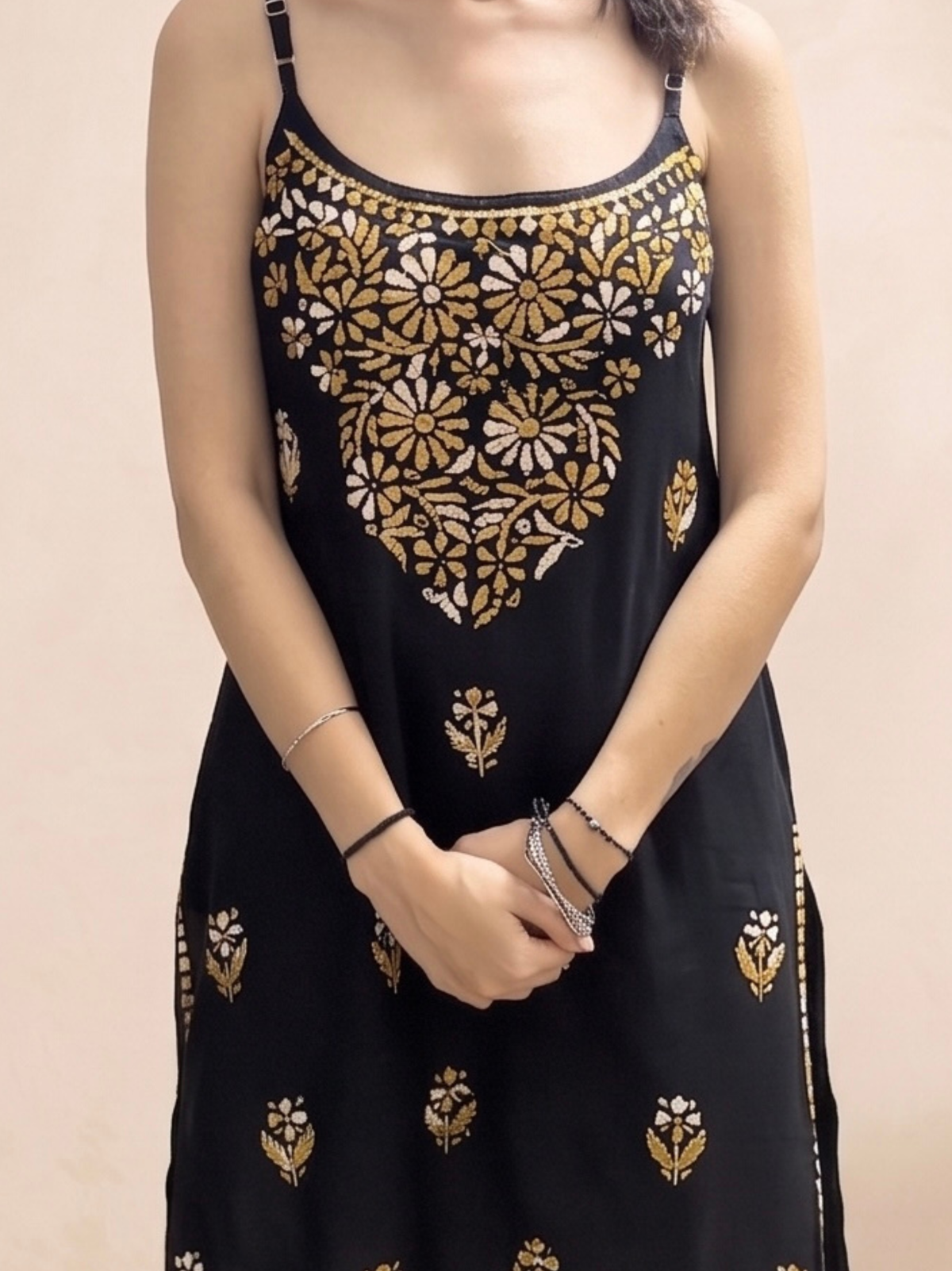 Rayon Chikankari Solid Women's Mid length Kurti - Black (Yellow)