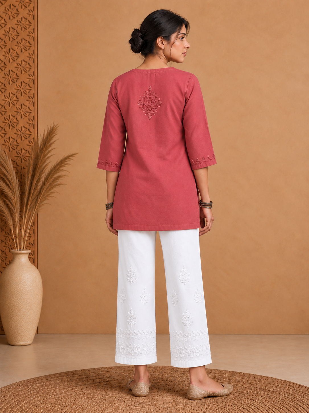 Orange muslin chikankari kurti for women