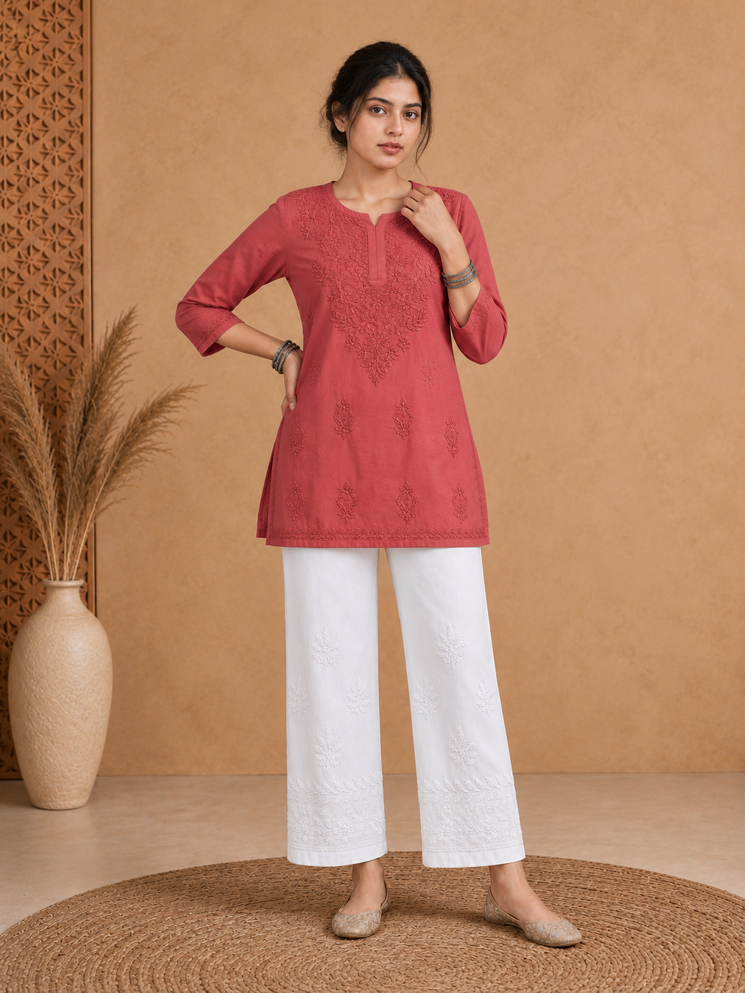 Orange muslin chikankari kurti for women