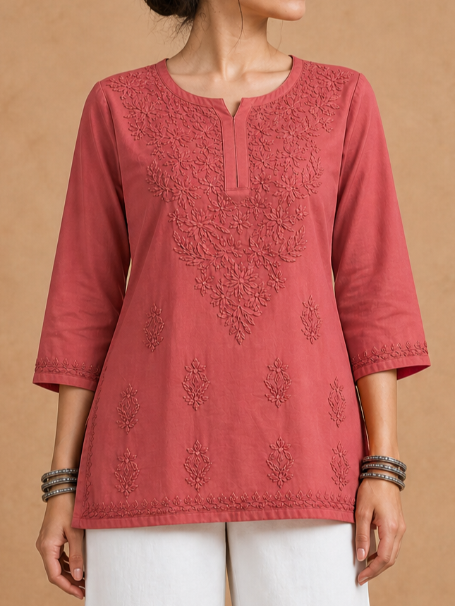 Orange muslin chikankari kurti for women
