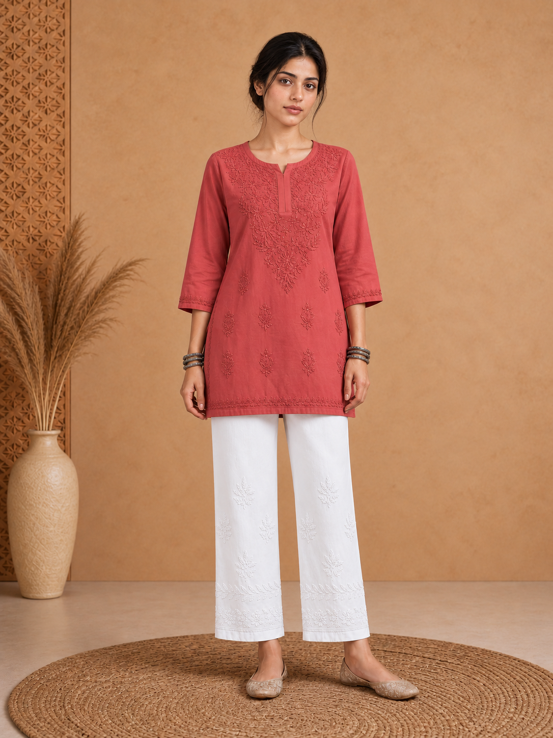 Orange muslin chikankari kurti for women