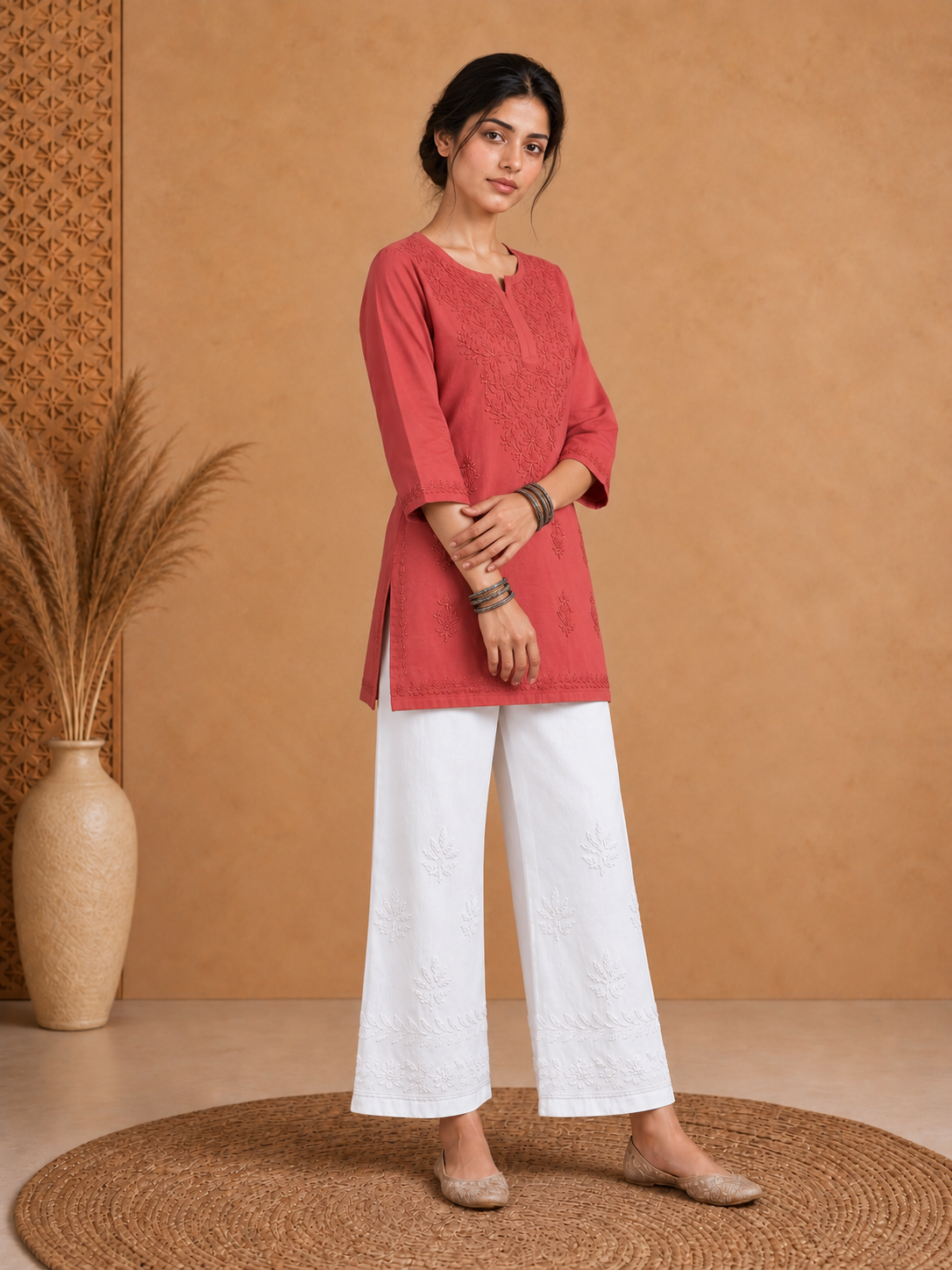 Orange muslin chikankari kurti for women