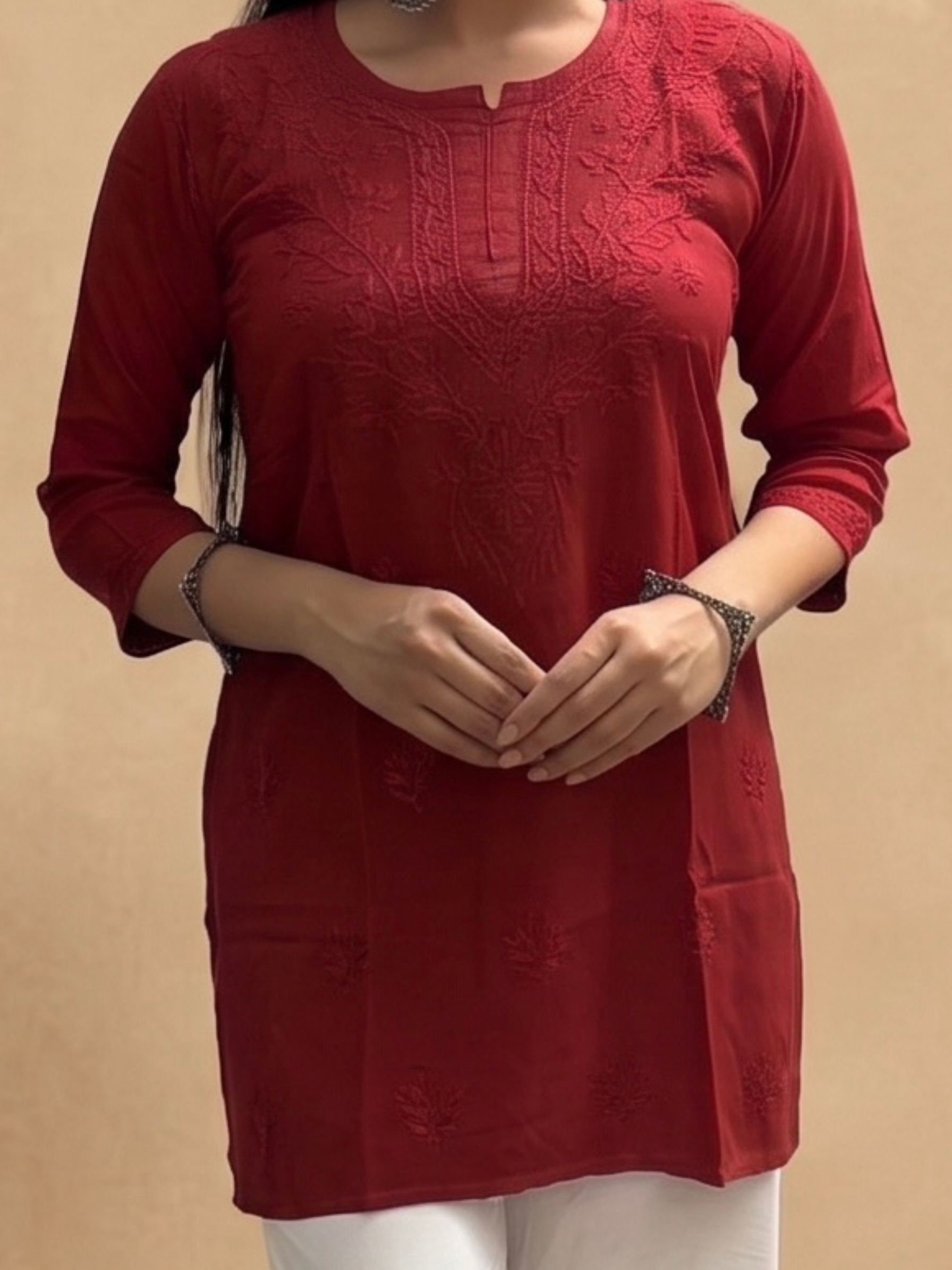 Rayon Chikankari Solid Women's Short Kurta - Maroon