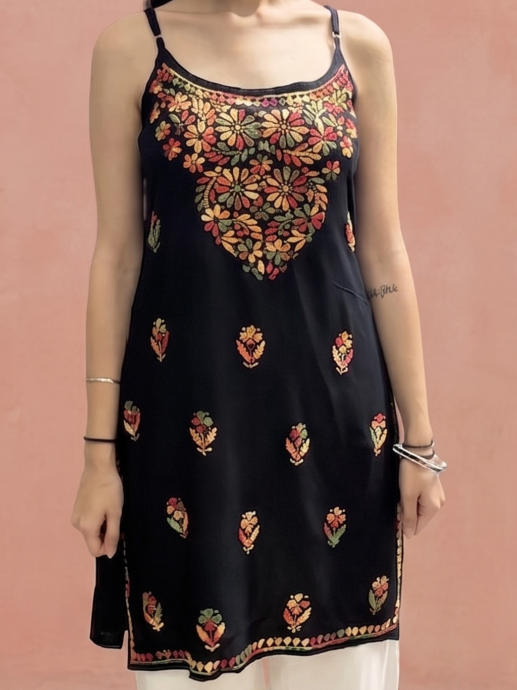 Rayon Chikankari Solid Women's Mid length Kurti - Black (Multi)