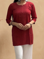 Rayon Chikankari Solid Women's Short Kurta - Maroon