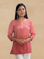 Rayon Chikankari Ombre Women's Short Kurta - Peachish Brown