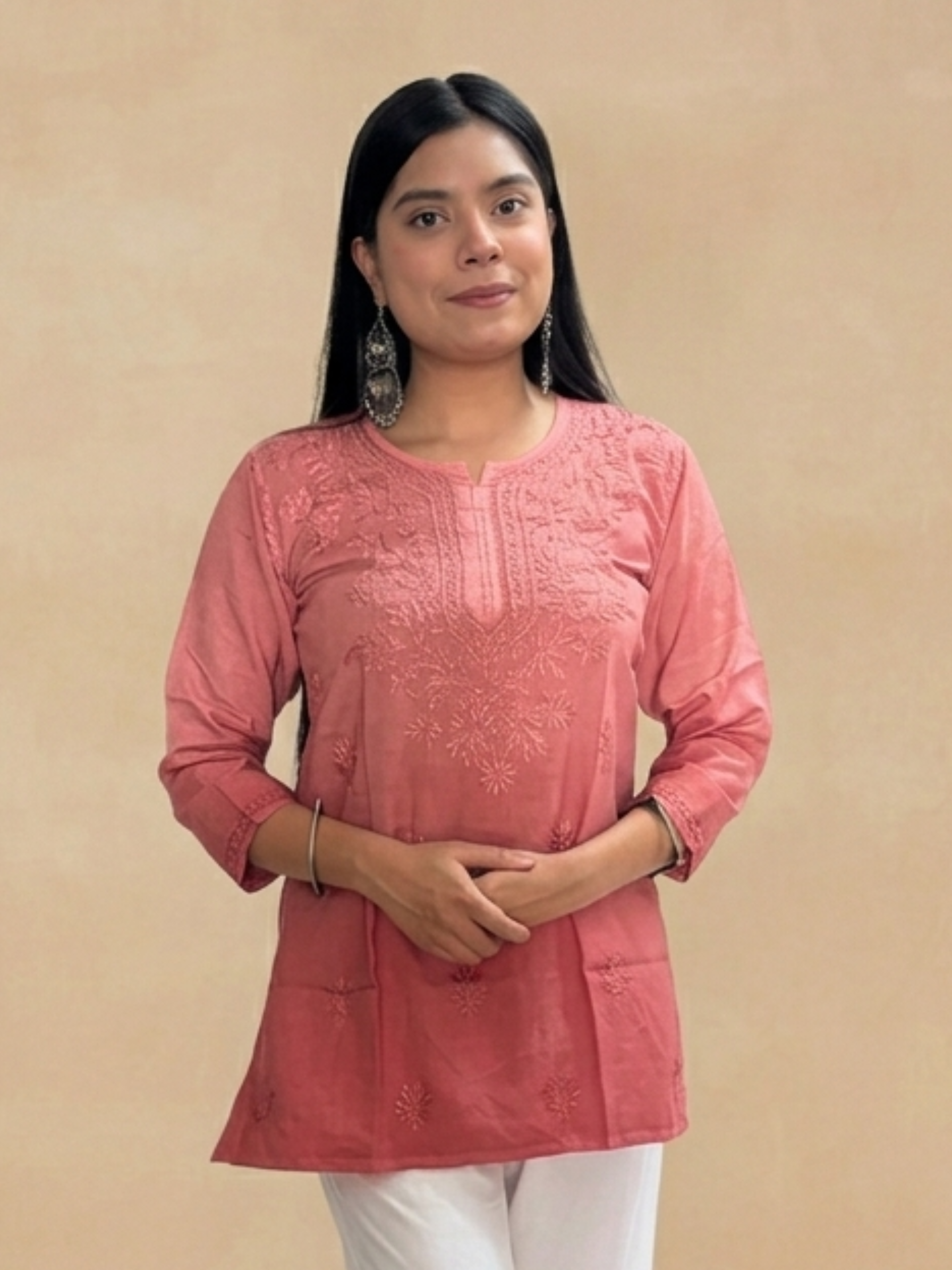 Rayon Chikankari Ombre Women's Short Kurta - Peachish Brown