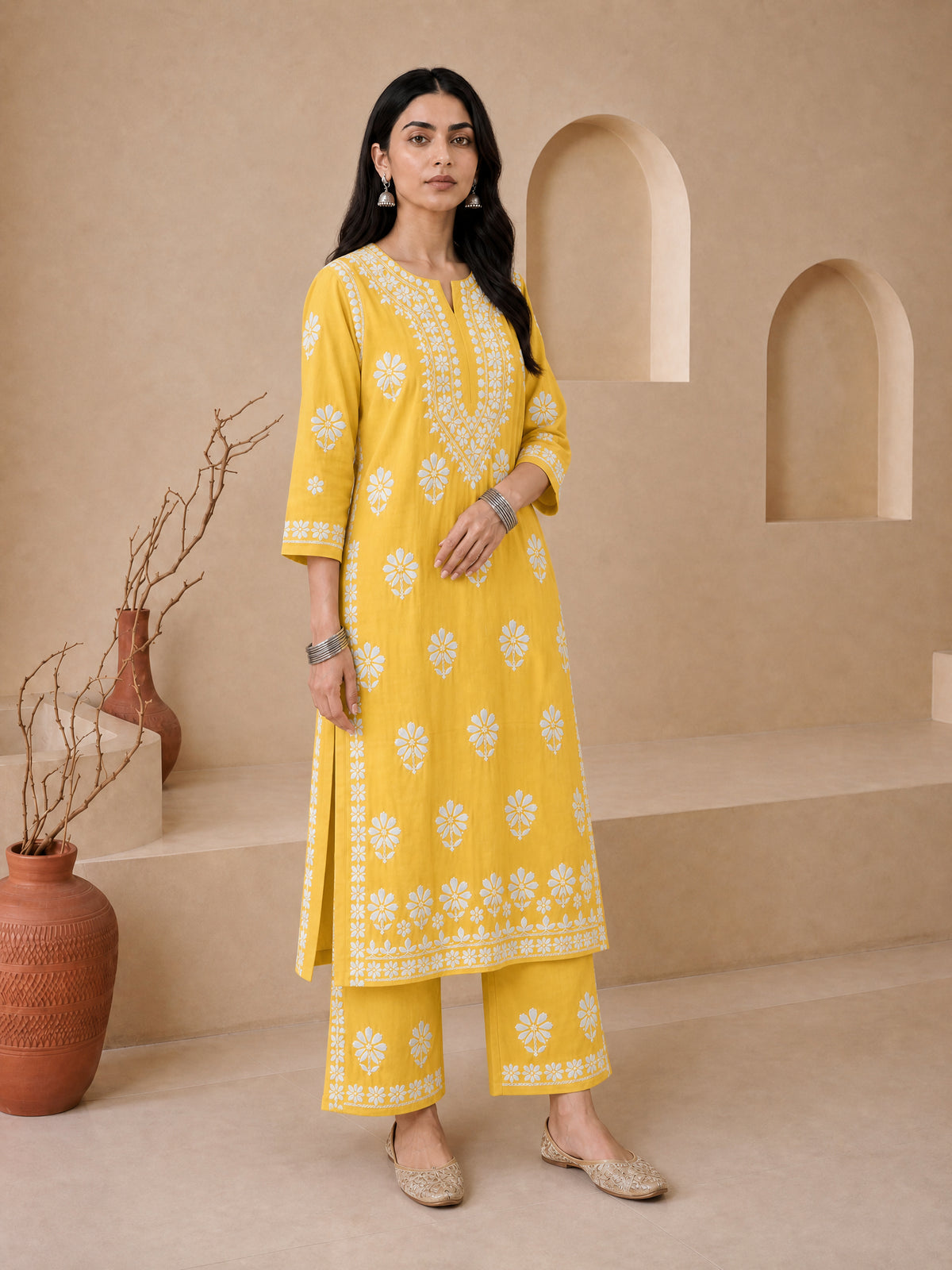 Shop Yellow Sanwar Rayon Chikankari Kurta Set