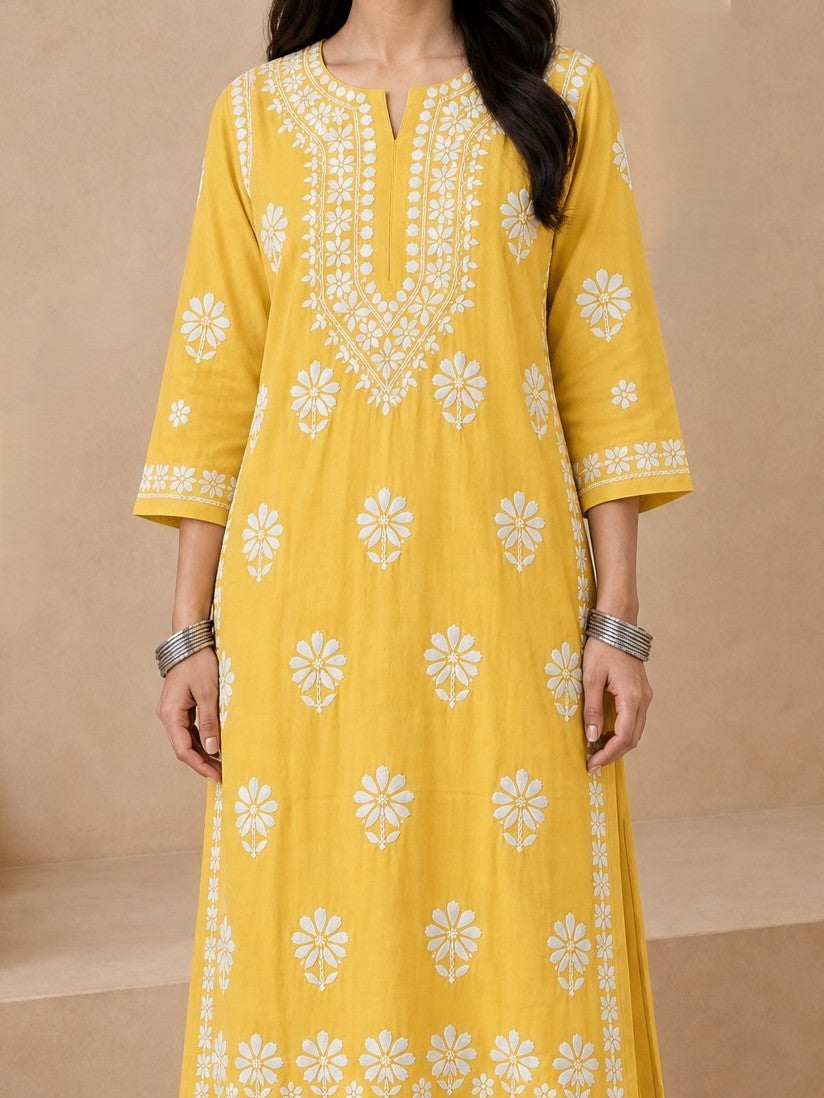 Shop Yellow Sanwar Rayon Chikankari Kurta Set