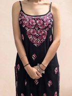 Rayon Chikankari Solid Women's Mid length Kurti - Black (Pink)