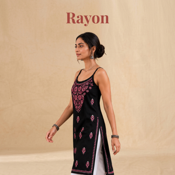Rayon chikankari long kurta in Black and pink